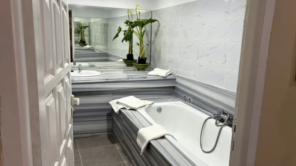 Salle de bains aux tons gris et blancs avec baignoire, vasque, grand miroir et plante en pot vert.